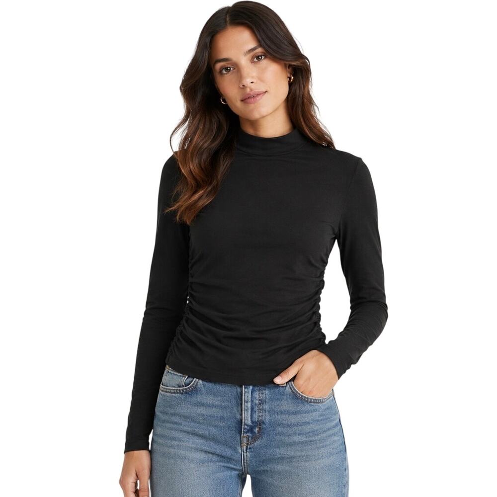 New Madewell Ruched Mockneck Long Sleeve Top Jet Black XS